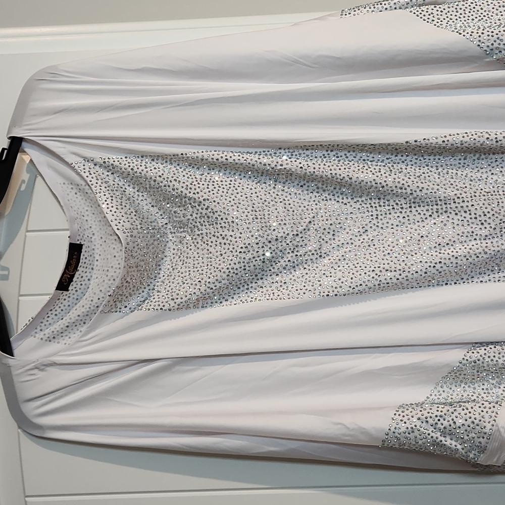 Stoned embellished white long flowy dress/abaya with a sash/belt